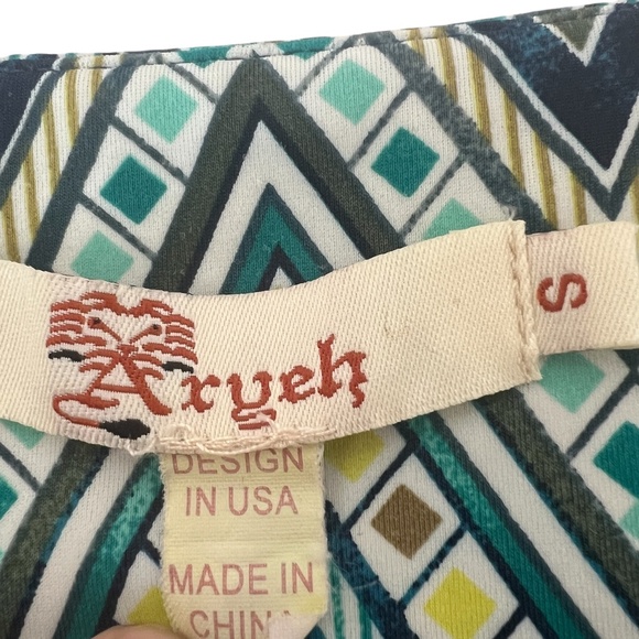 Aryeh Anthropologie Sz Small Geometric  Shift Dress Green Blue Flare Sleeve - Picture 3 of 7